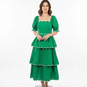 English Factory Green Scalloped Midi Dress